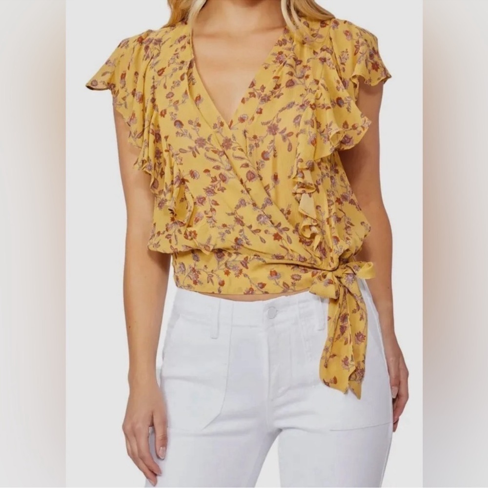 Paige Women's Yellow Silk Floral V-Neck Short Sleeve Blouse Top SZ. S
